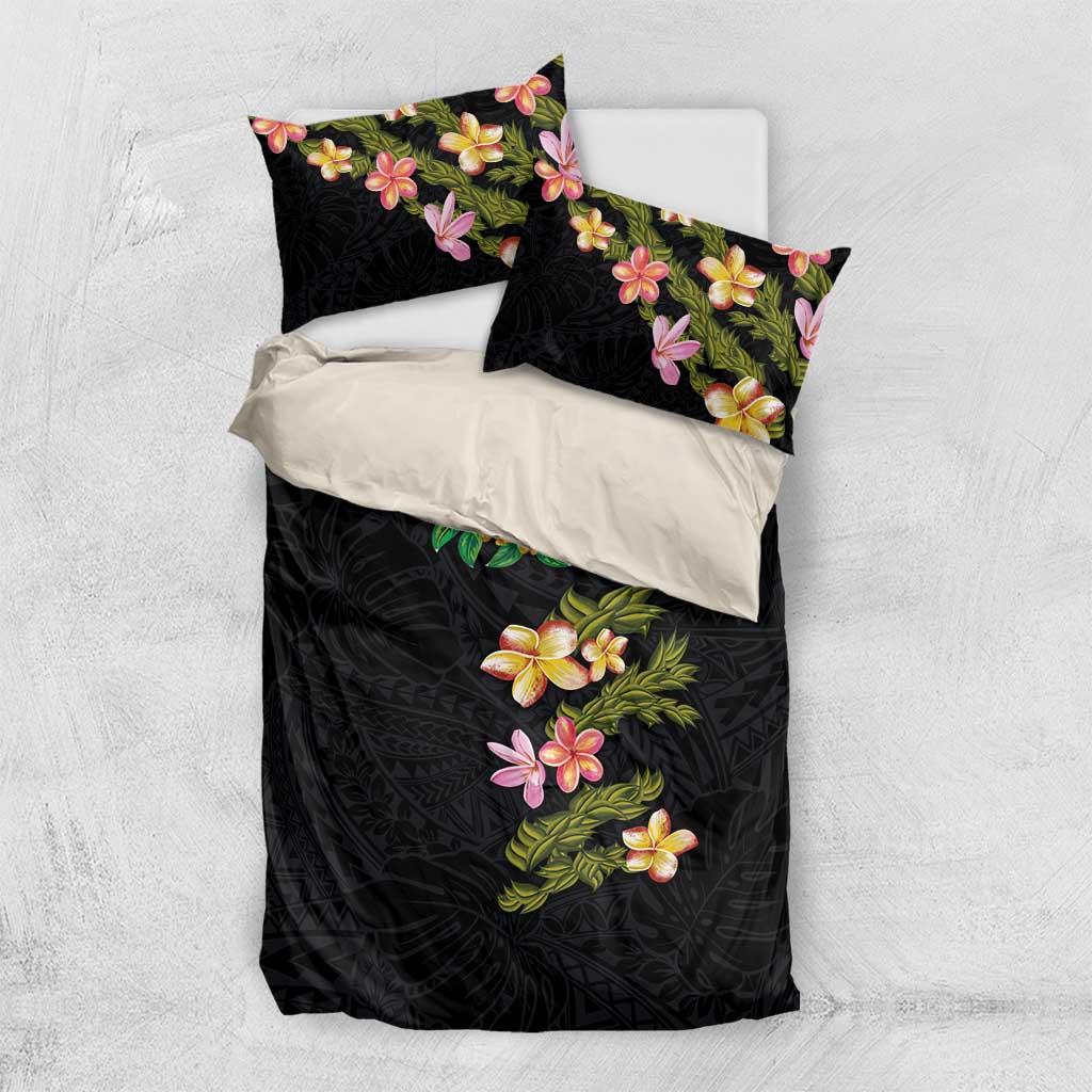 Hawaiian Lei Plumeria and Tropical Leaves Bedding Set Watercolor Style LT03 US Twin 172cm x 218cm Black - Polynesian Pride