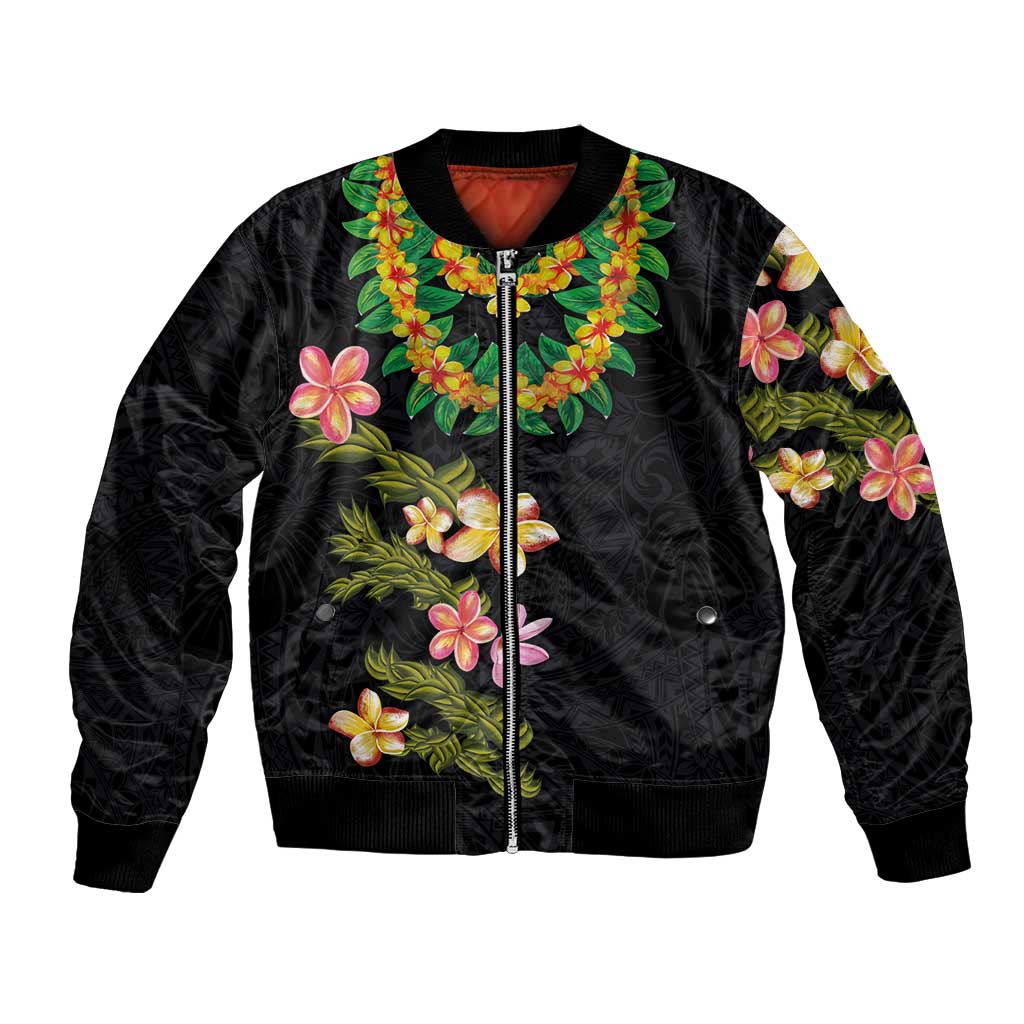Hawaiian Lei Plumeria and Tropical Leaves Bomber Jacket Watercolor Style