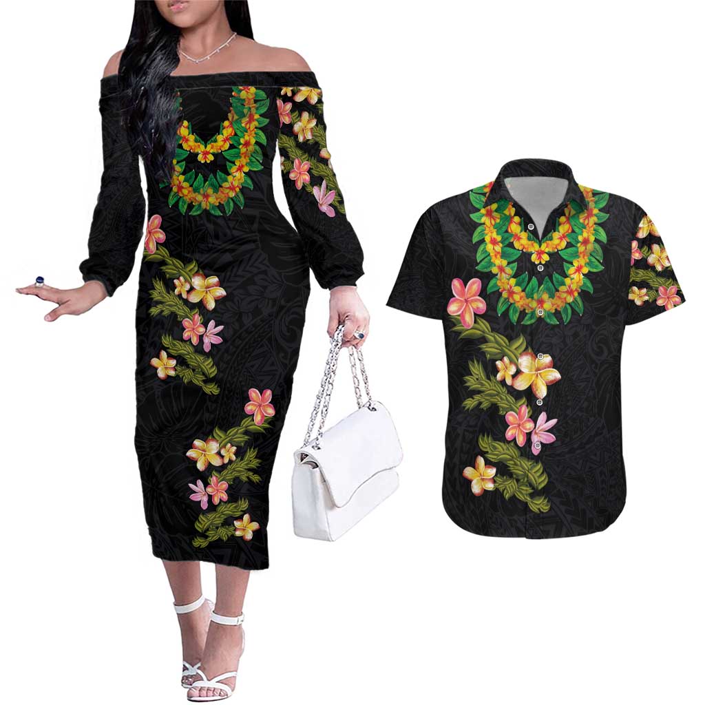 Hawaiian Lei Plumeria and Tropical Leaves Couples Matching Off The Shoulder Long Sleeve Dress and Hawaiian Shirt Watercolor Style