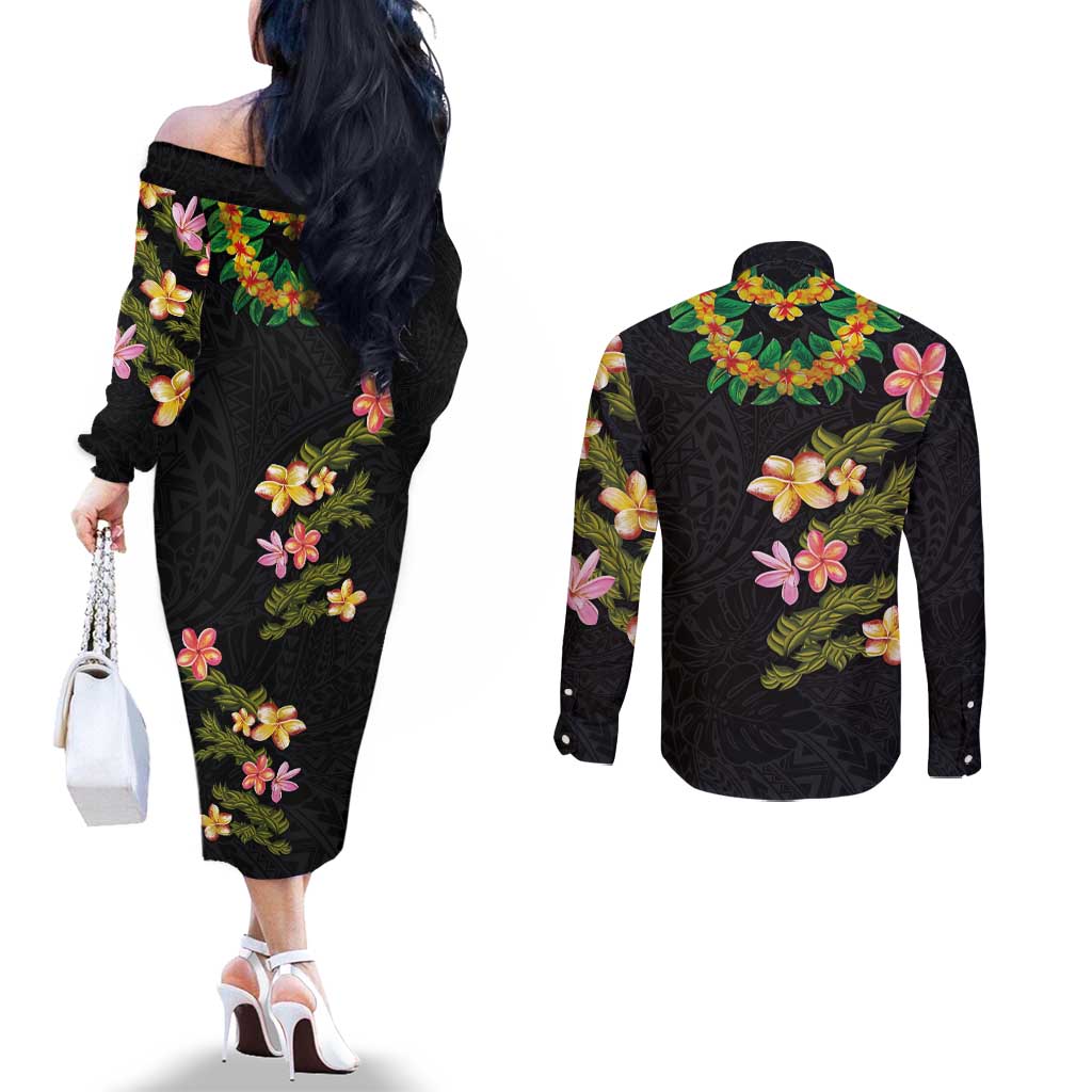Hawaiian Lei Plumeria and Tropical Leaves Couples Matching Off The Shoulder Long Sleeve Dress and Long Sleeve Button Shirt Watercolor Style