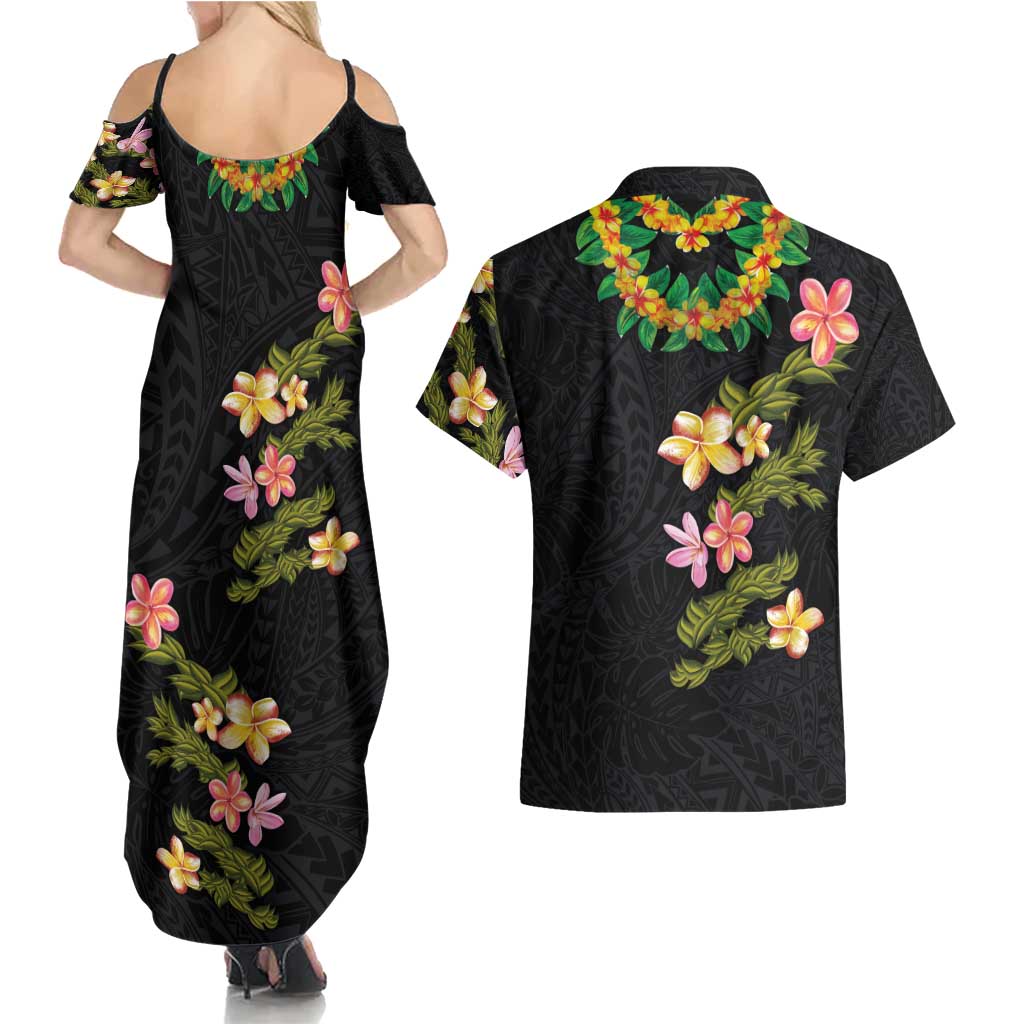 Hawaiian Lei Plumeria and Tropical Leaves Couples Matching Summer Maxi Dress and Hawaiian Shirt Watercolor Style