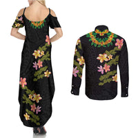 Hawaiian Lei Plumeria and Tropical Leaves Couples Matching Summer Maxi Dress and Long Sleeve Button Shirt Watercolor Style