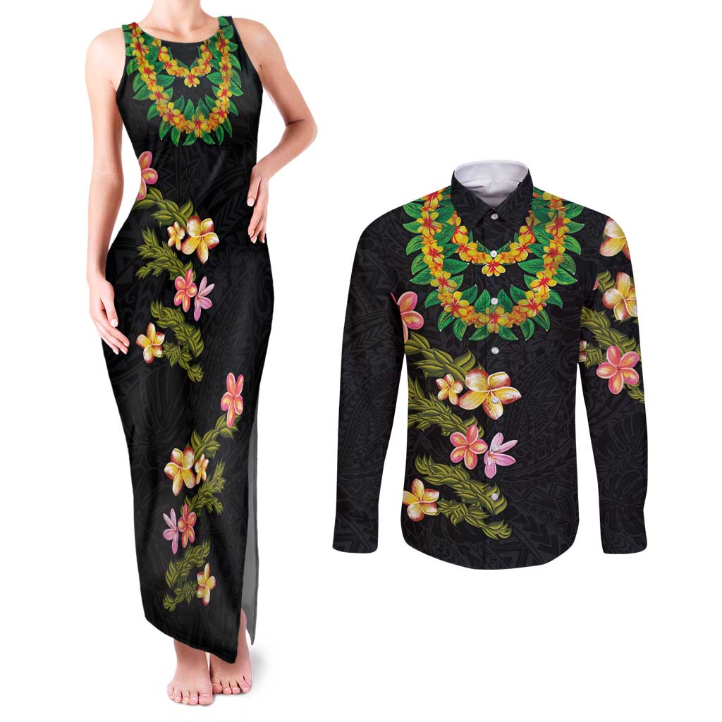 Hawaiian Lei Plumeria and Tropical Leaves Couples Matching Tank Maxi Dress and Long Sleeve Button Shirt Watercolor Style
