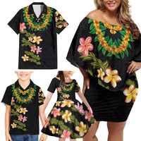Hawaiian Lei Plumeria and Tropical Leaves Family Matching Off Shoulder Short Dress and Hawaiian Shirt Watercolor Style