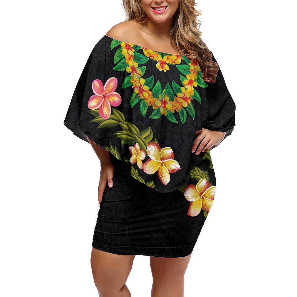 Hawaiian Lei Plumeria and Tropical Leaves Family Matching Off Shoulder Short Dress and Hawaiian Shirt Watercolor Style