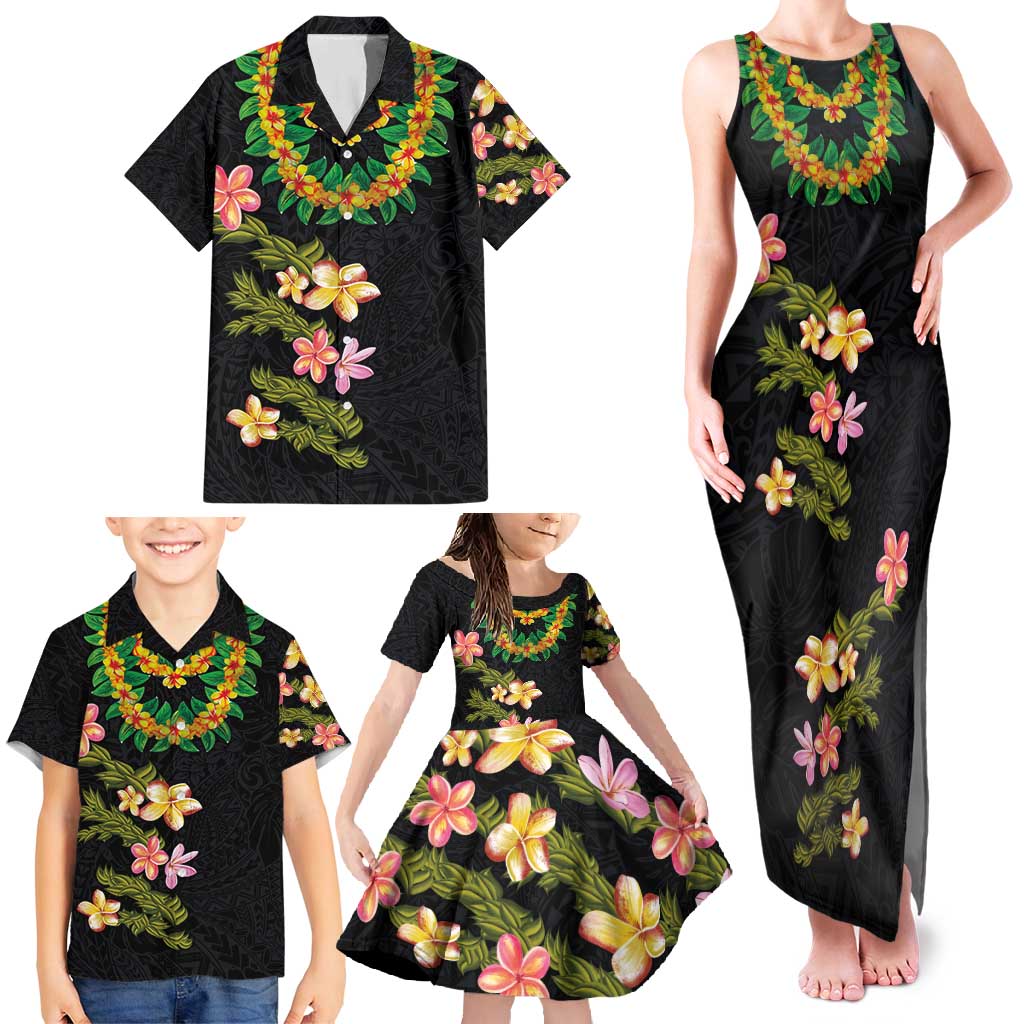 Hawaiian Lei Plumeria and Tropical Leaves Family Matching Tank Maxi Dress and Hawaiian Shirt Watercolor Style