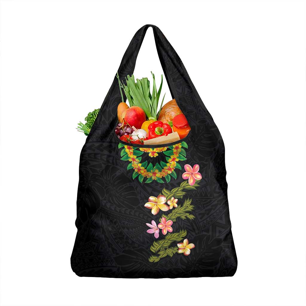 Hawaiian Lei Plumeria and Tropical Leaves Grocery Bag Watercolor Style LT03 1-pack One Size Black - Polynesian Pride
