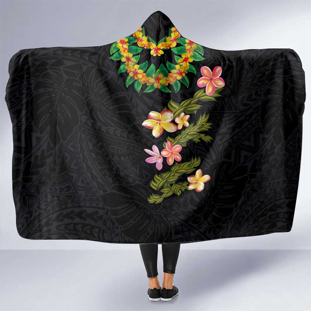 Hawaiian Lei Plumeria and Tropical Leaves Hooded Blanket Watercolor Style LT03 One Size Black - Polynesian Pride