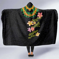 Hawaiian Lei Plumeria and Tropical Leaves Hooded Blanket Watercolor Style LT03 One Size Black - Polynesian Pride