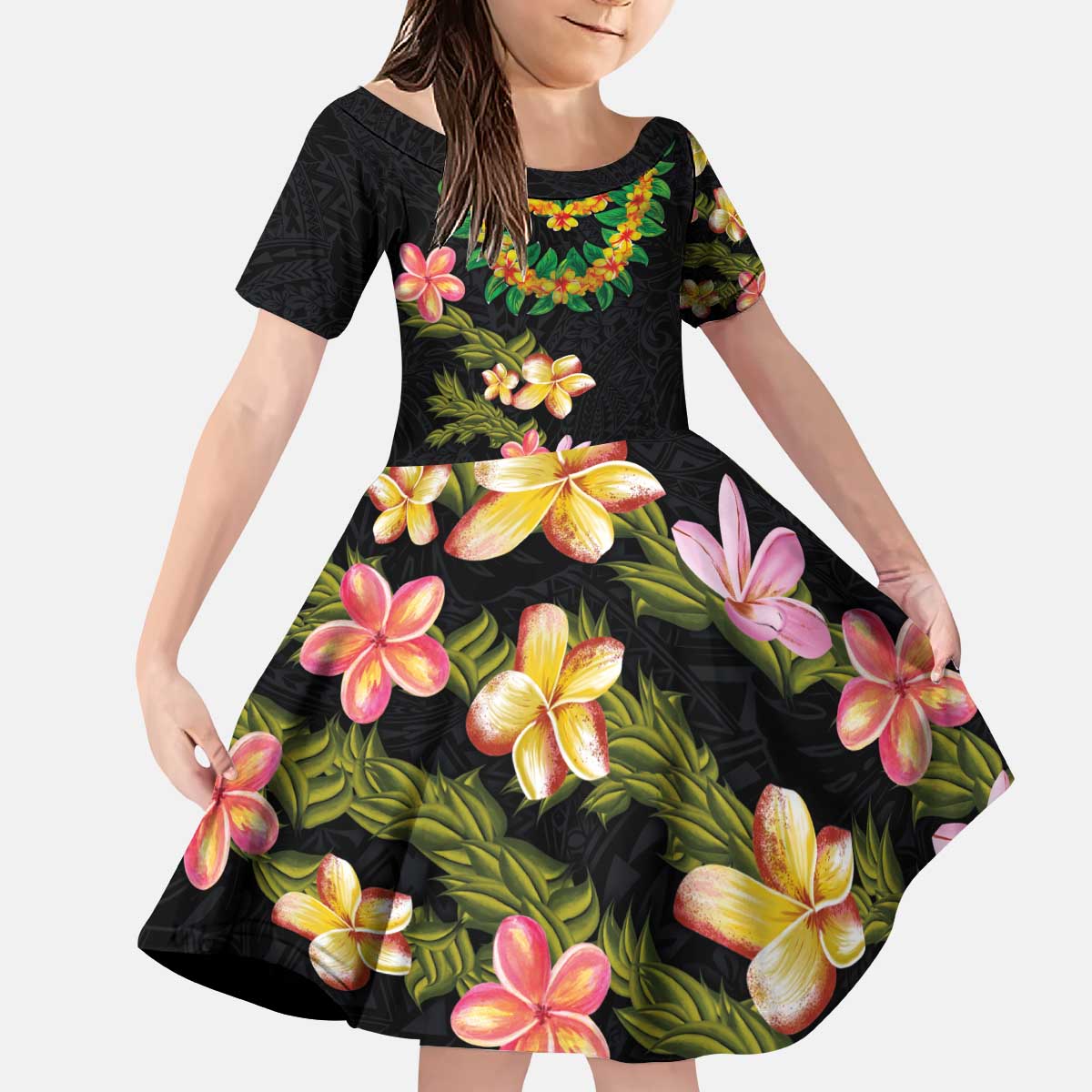 Hawaiian Lei Plumeria and Tropical Leaves Kid Short Sleeve Dress Watercolor Style LT03 KID Black - Polynesian Pride