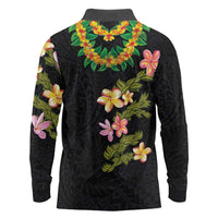 Hawaiian Lei Plumeria and Tropical Leaves Long Sleeve Polo Shirt Watercolor Style