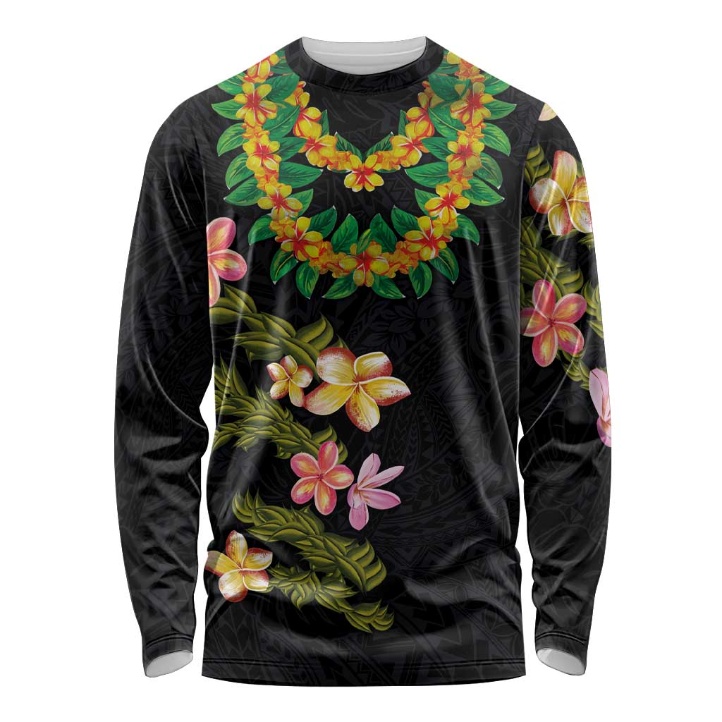 Hawaiian Lei Plumeria and Tropical Leaves Long Sleeve Shirt Watercolor Style LT03 Unisex Black - Polynesian Pride