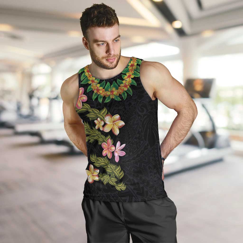Hawaiian Lei Plumeria and Tropical Leaves Men Tank Top Watercolor Style LT03 Black - Polynesian Pride