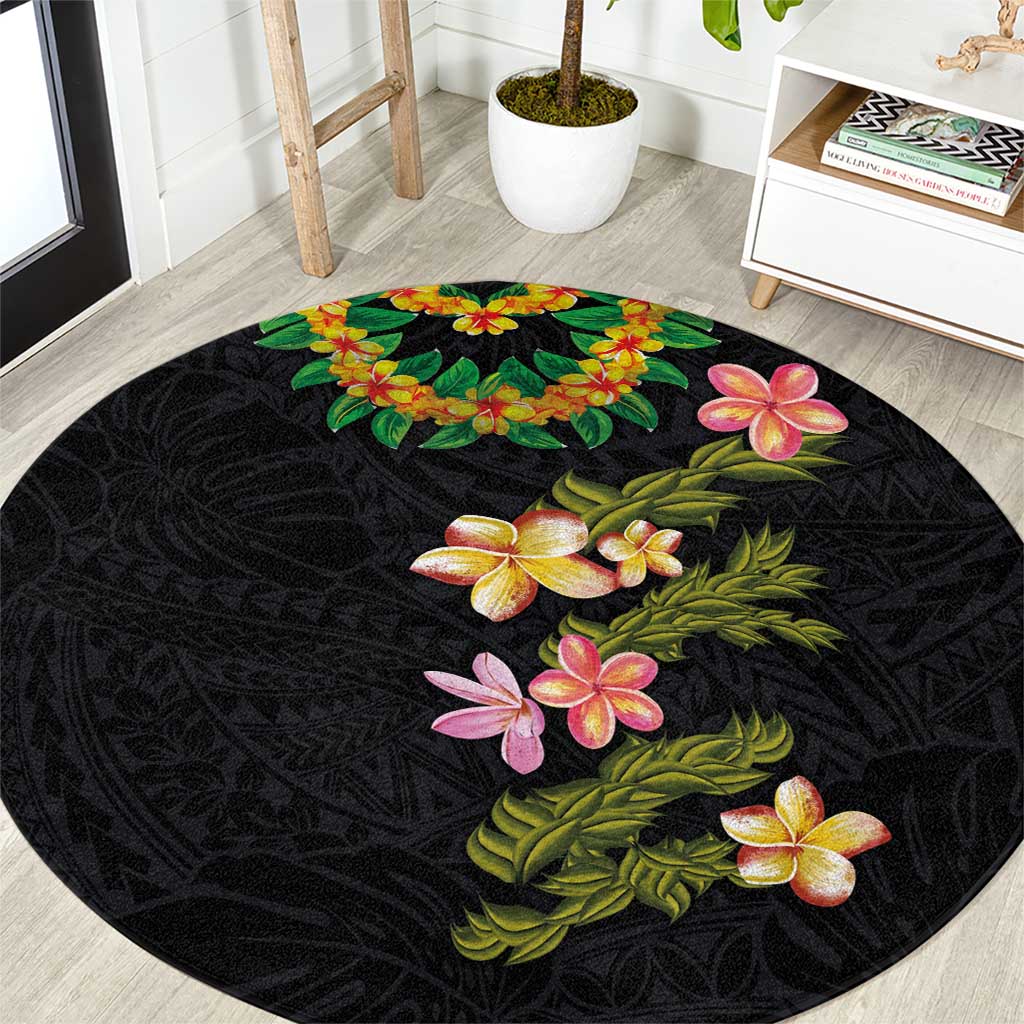 Hawaiian Lei Plumeria and Tropical Leaves Round Carpet Watercolor Style