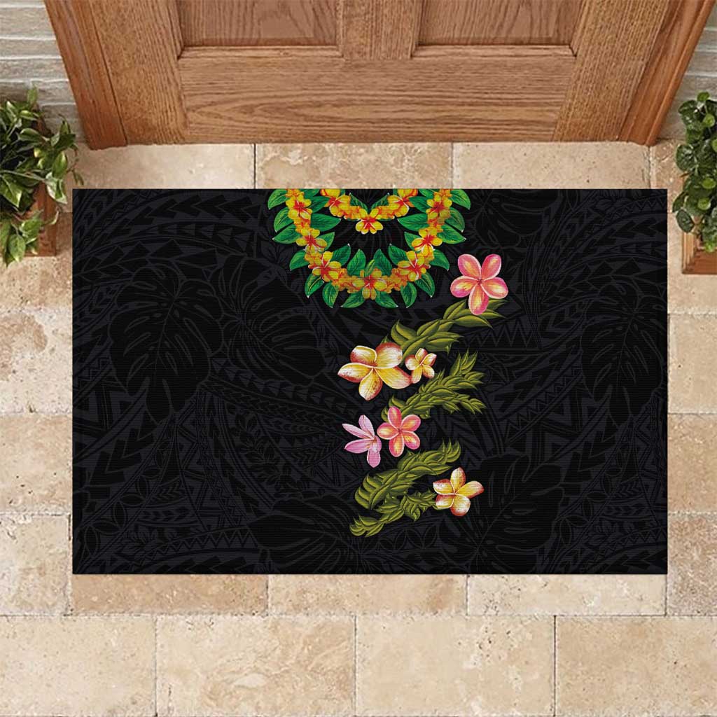 Hawaiian Lei Plumeria and Tropical Leaves Rubber Doormat Watercolor Style LT03 Black - Polynesian Pride