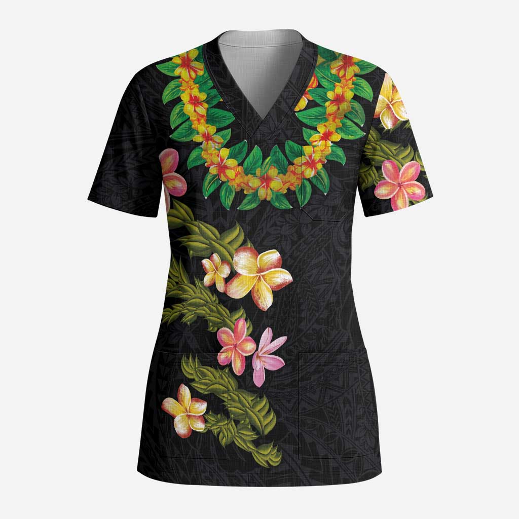 Hawaiian Lei Plumeria and Tropical Leaves Scrub Top Watercolor Style - Polynesian Pride