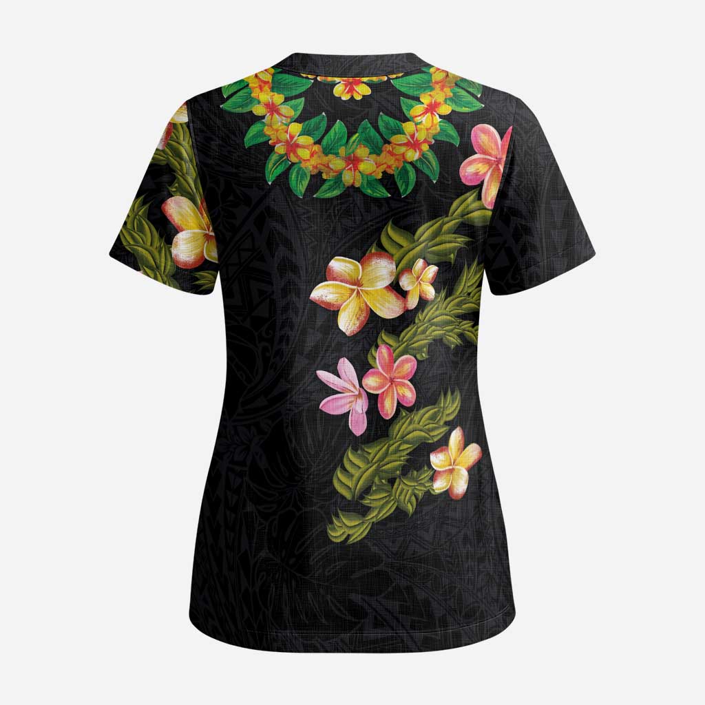 Hawaiian Lei Plumeria and Tropical Leaves Scrub Top Watercolor Style - Polynesian Pride