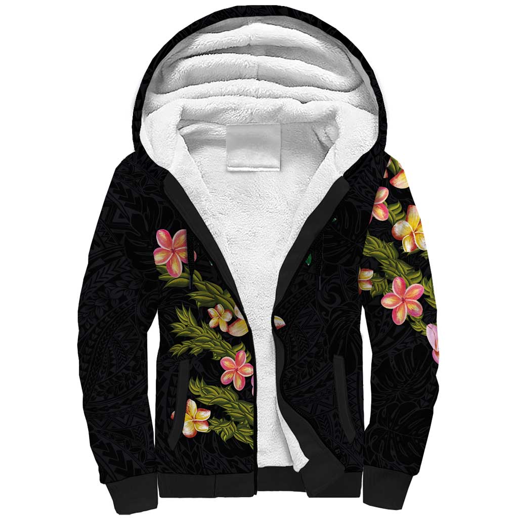 Hawaiian Lei Plumeria and Tropical Leaves Sherpa Hoodie Watercolor Style LT03 Unisex Black - Polynesian Pride