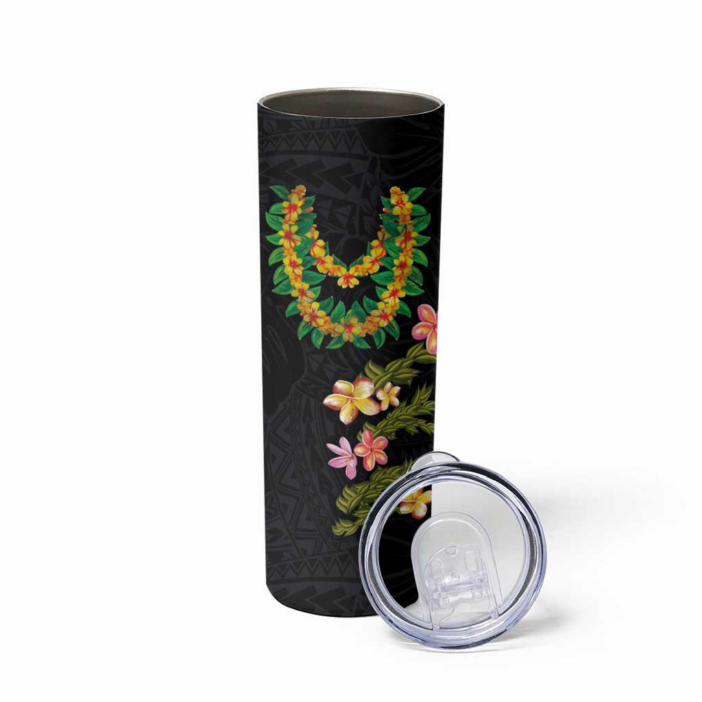 Hawaiian Lei Plumeria and Tropical Leaves Skinny Tumbler Watercolor Style