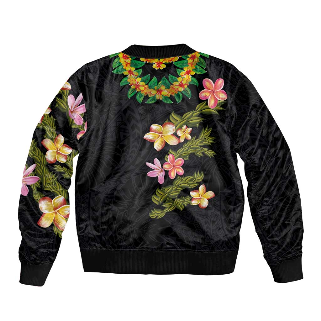 Hawaiian Lei Plumeria and Tropical Leaves Sleeve Zip Bomber Jacket Watercolor Style