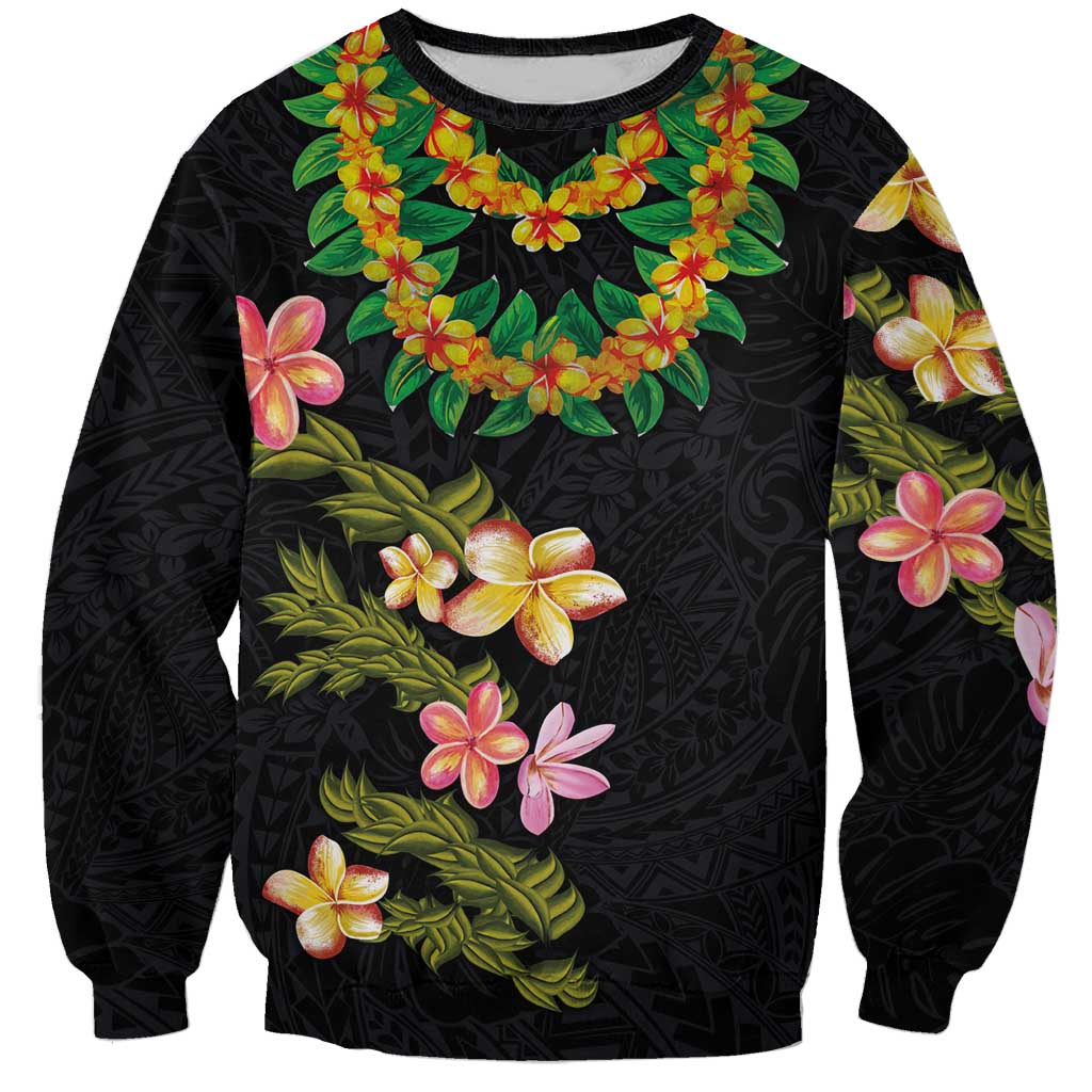 Hawaiian Lei Plumeria and Tropical Leaves Sweatshirt Watercolor Style LT03 Unisex Black - Polynesian Pride