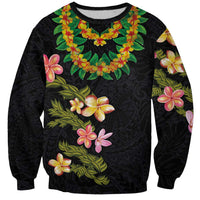 Hawaiian Lei Plumeria and Tropical Leaves Sweatshirt Watercolor Style LT03 Unisex Black - Polynesian Pride