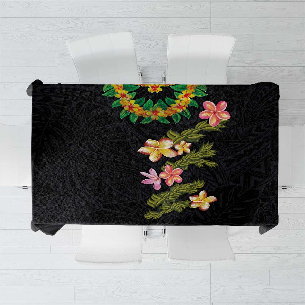 Hawaiian Lei Plumeria and Tropical Leaves Tablecloth Watercolor Style LT03 Black - Polynesian Pride
