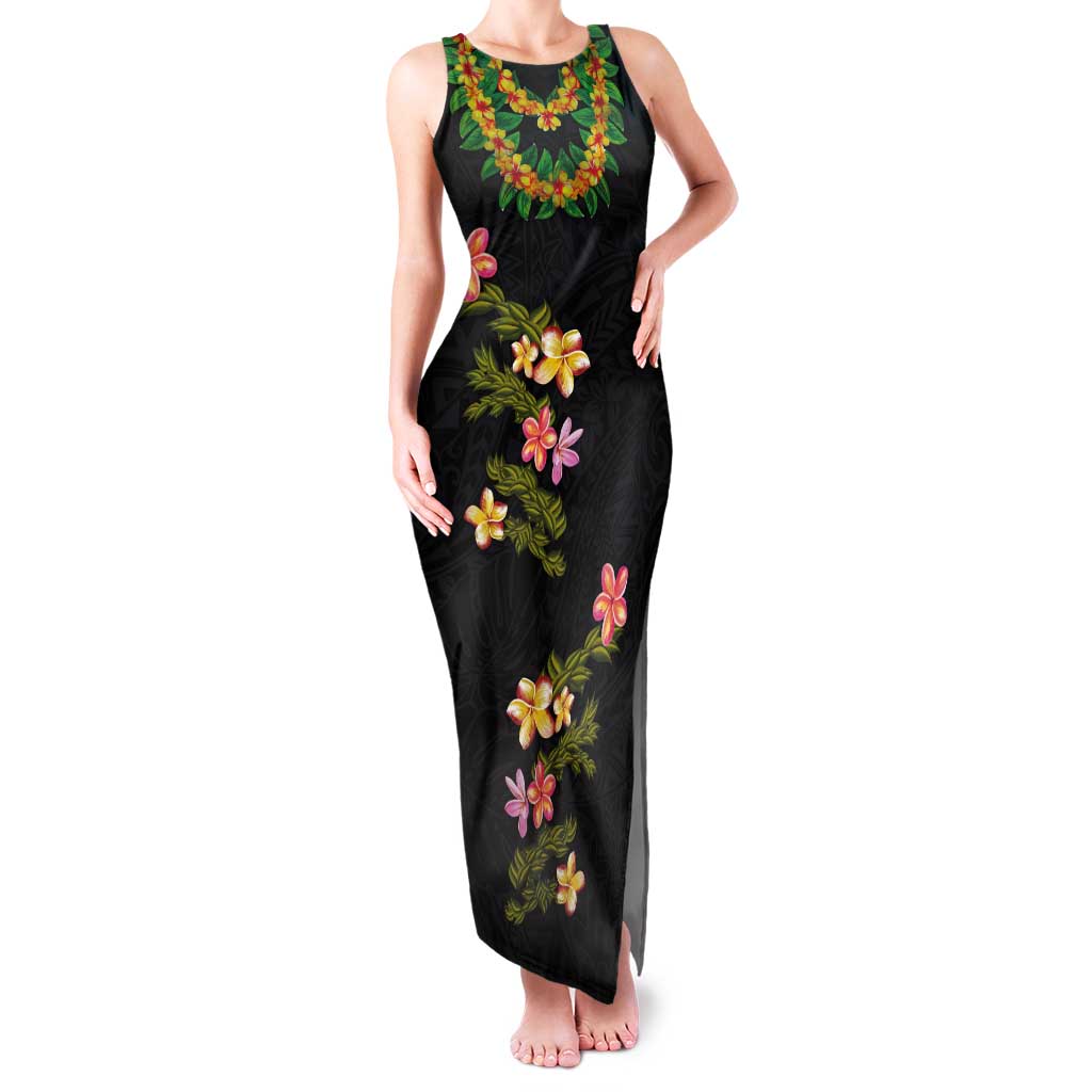 Hawaiian Lei Plumeria and Tropical Leaves Tank Maxi Dress Watercolor Style