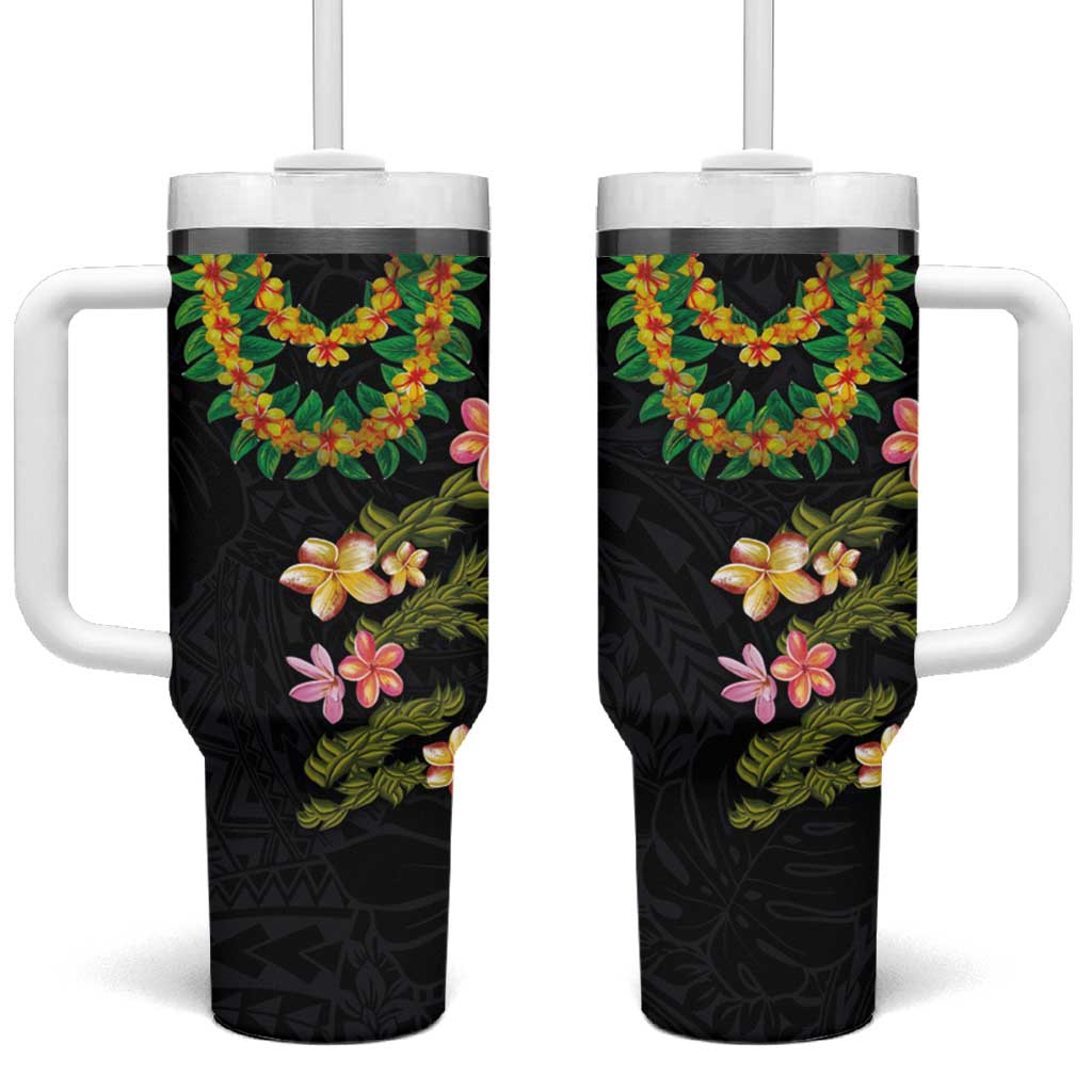 Hawaiian Lei Plumeria and Tropical Leaves Tumbler With Handle Watercolor Style LT03 One Size: 40 oz Black - Polynesian Pride