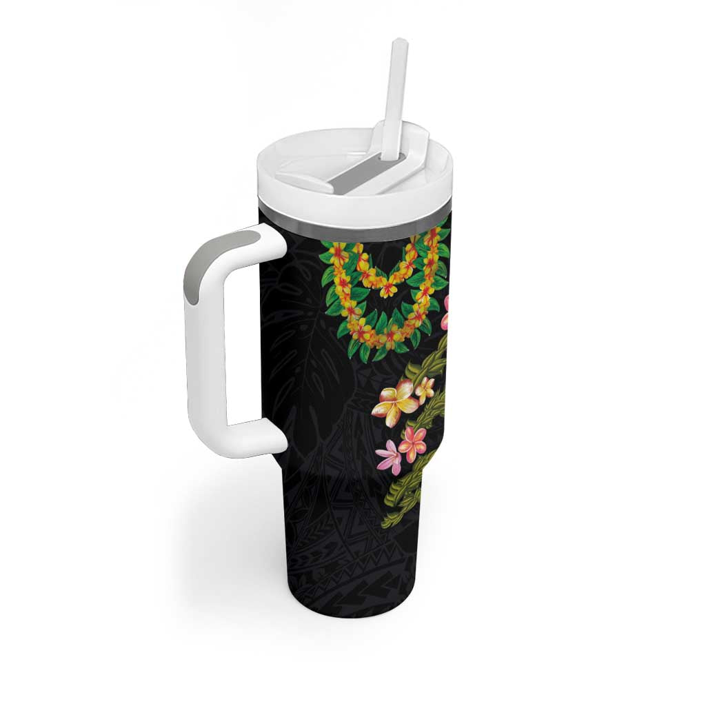 Hawaiian Lei Plumeria and Tropical Leaves Tumbler With Handle Watercolor Style LT03 - Polynesian Pride