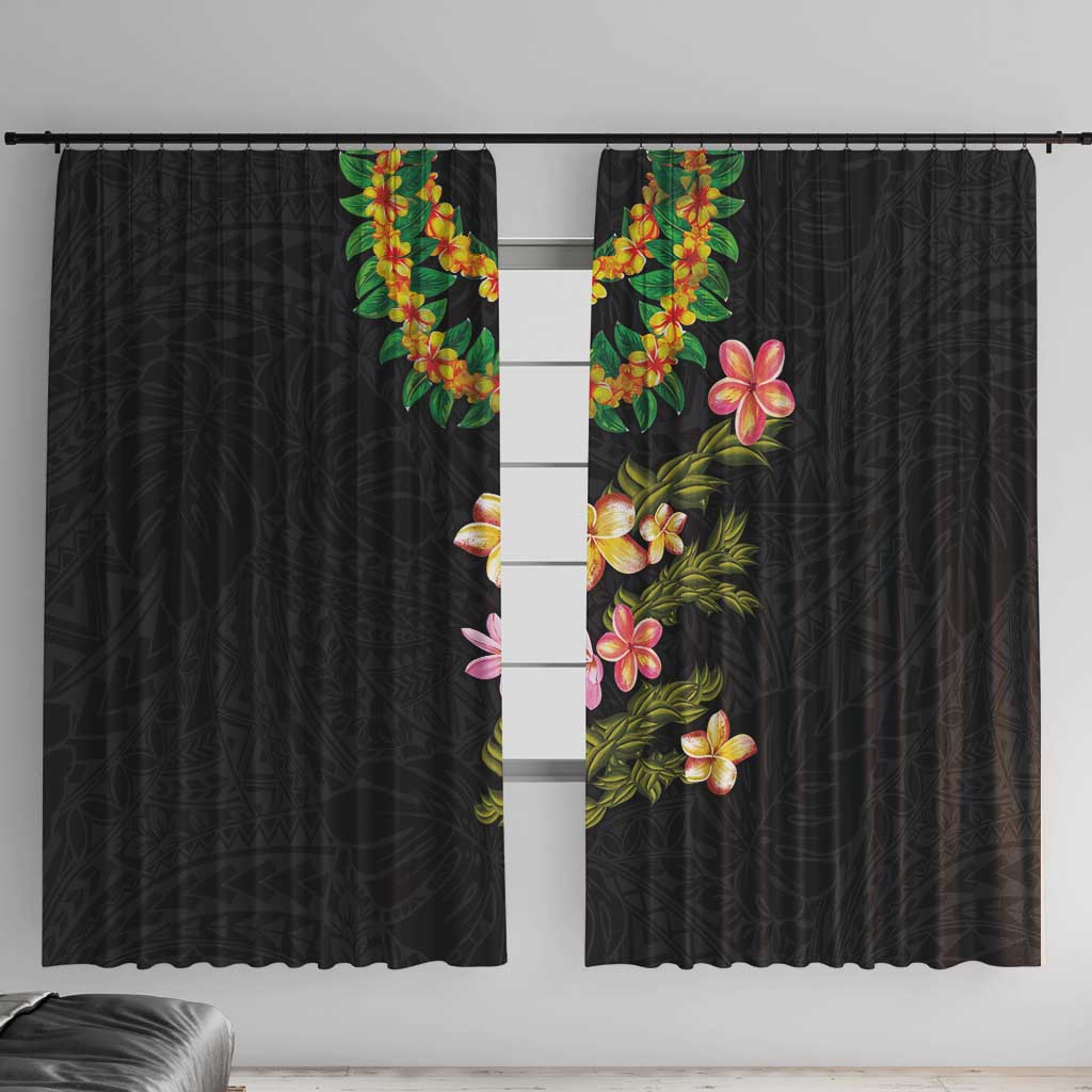 Hawaiian Lei Plumeria and Tropical Leaves Window Curtain Watercolor Style LT03 With Hooks Black - Polynesian Pride