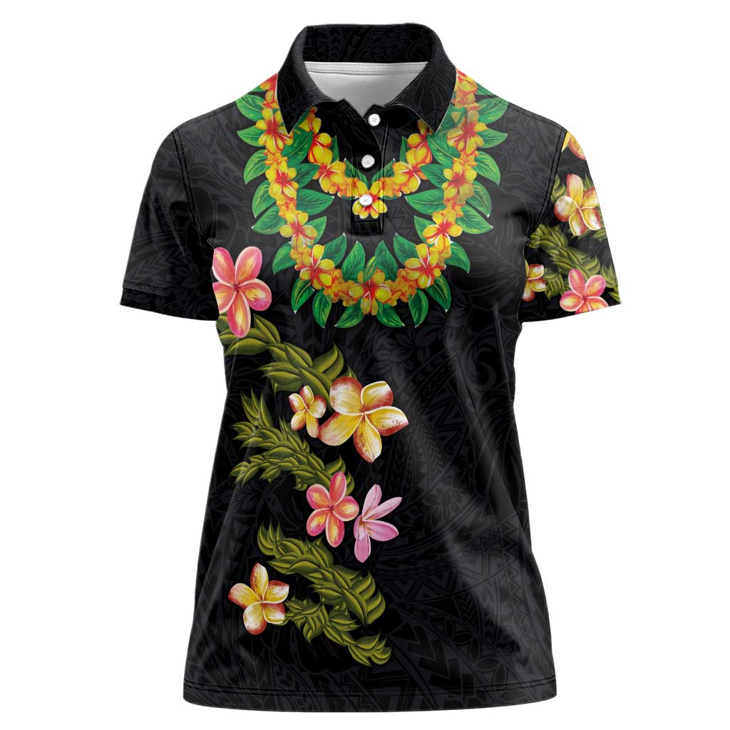 Hawaiian Lei Plumeria and Tropical Leaves Women Polo Shirt Watercolor Style