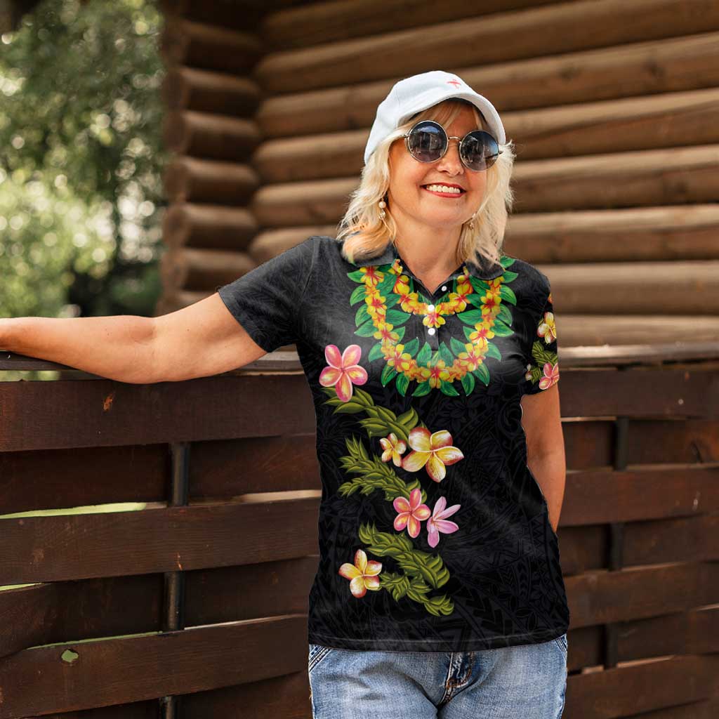 Hawaiian Lei Plumeria and Tropical Leaves Women Polo Shirt Watercolor Style