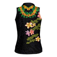 Hawaiian Lei Plumeria and Tropical Leaves Women Sleeveless Polo Shirt Watercolor Style