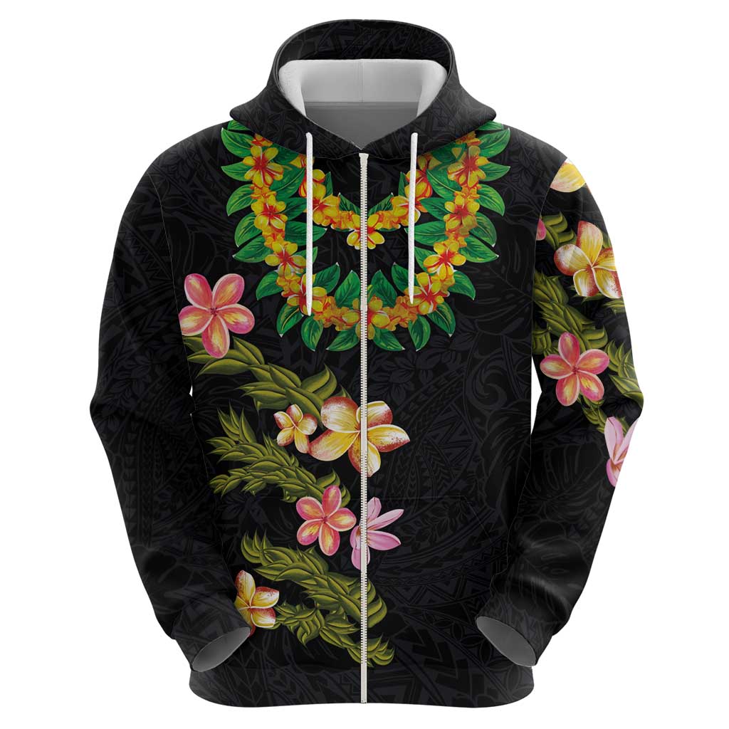Hawaiian Lei Plumeria and Tropical Leaves Zip Hoodie Watercolor Style