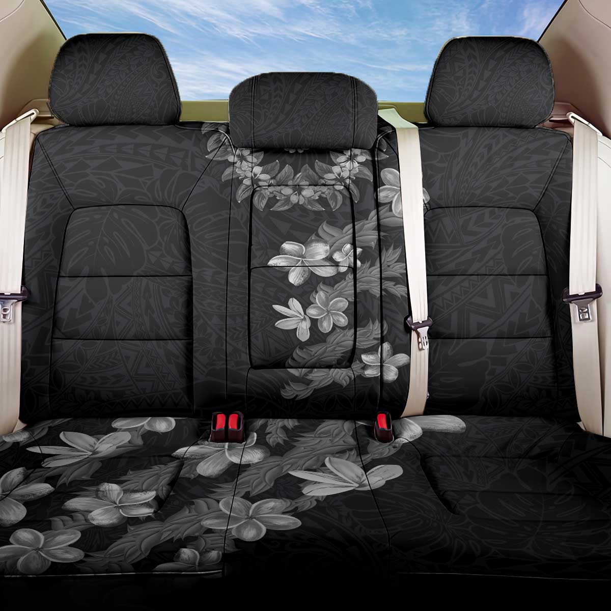 Hawaiian Lei Plumeria and Tropical Leaves Back Car Seat Cover Watercolor Style-Grayscale