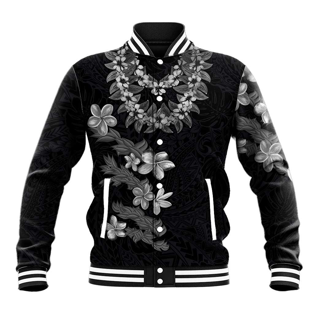 Hawaiian Lei Plumeria and Tropical Leaves Baseball Jacket Watercolor Style-Grayscale LT03 Unisex Black - Polynesian Pride