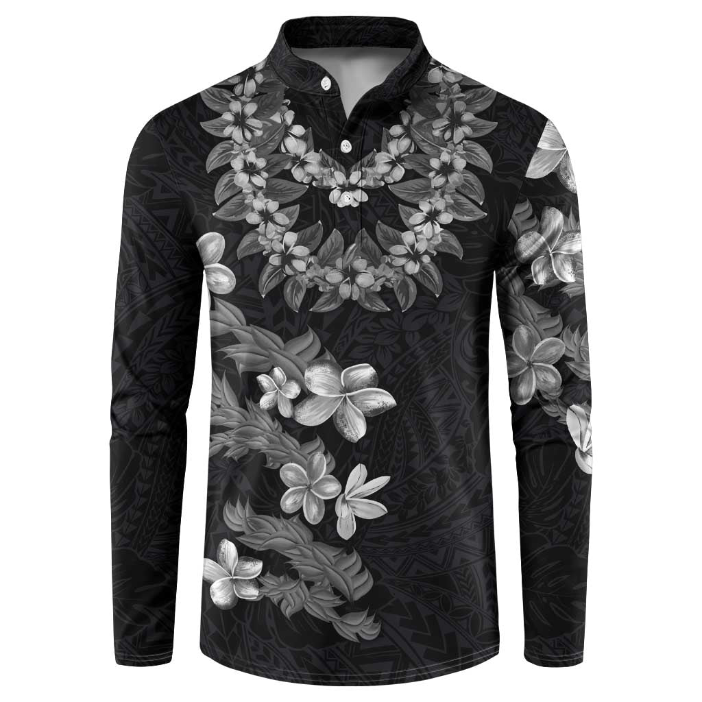 Hawaiian Lei Plumeria and Tropical Leaves Button Sweatshirt Watercolor Style-Grayscale LT03 Black - Polynesian Pride