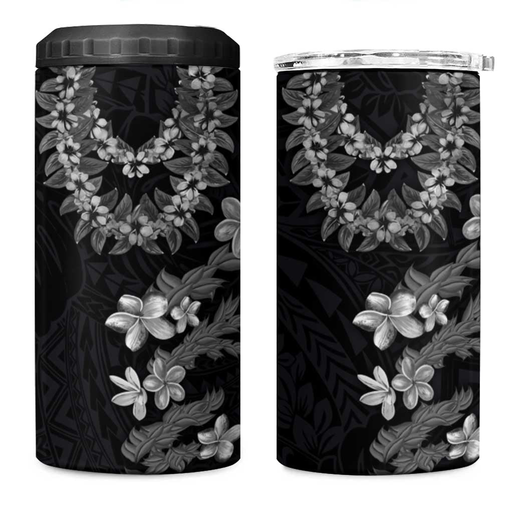 Hawaiian Lei Plumeria and Tropical Leaves 4 in 1 Can Cooler Tumbler Watercolor Style-Grayscale