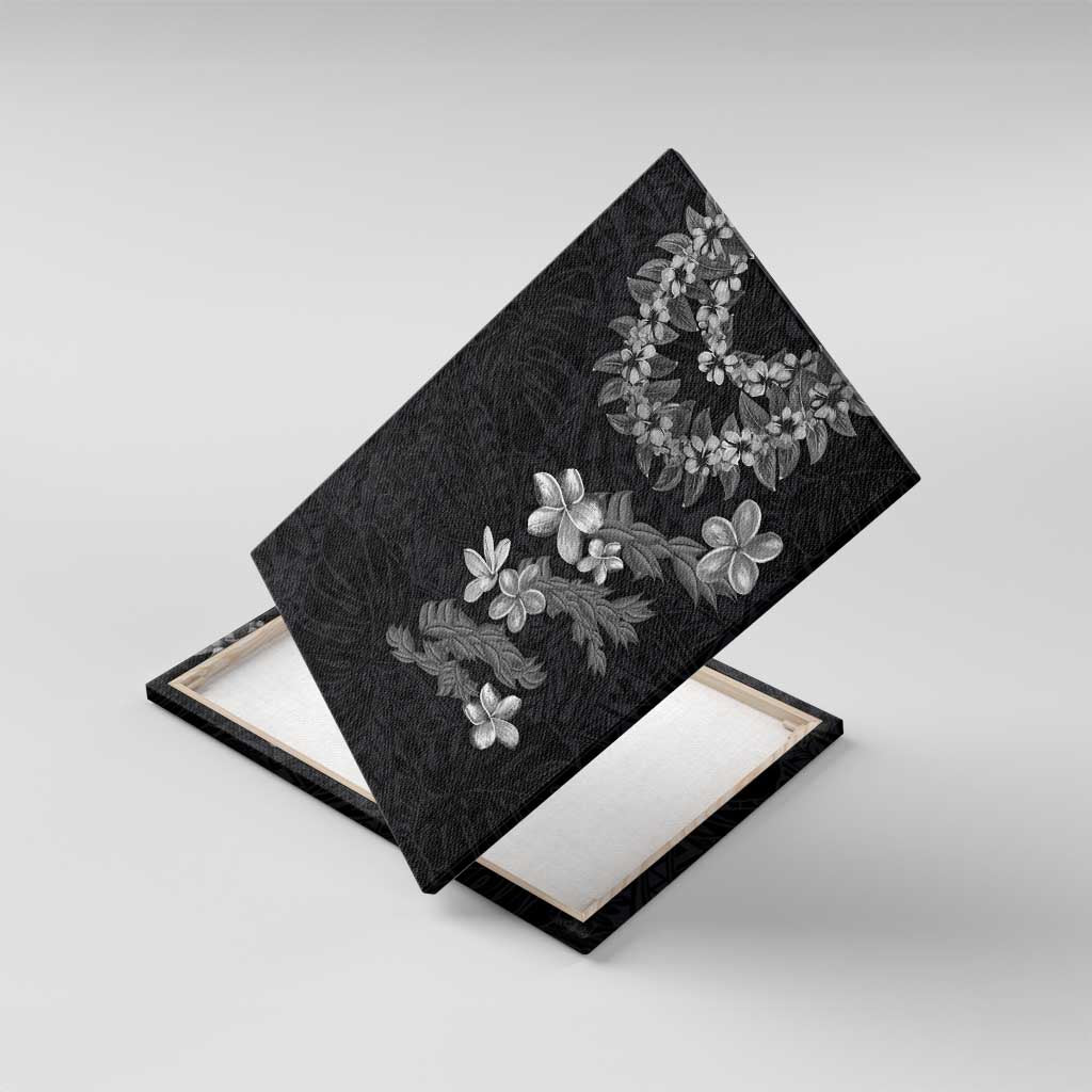 Hawaiian Lei Plumeria and Tropical Leaves Canvas Wall Art Watercolor Style-Grayscale LT03 With Frame Black - Polynesian Pride