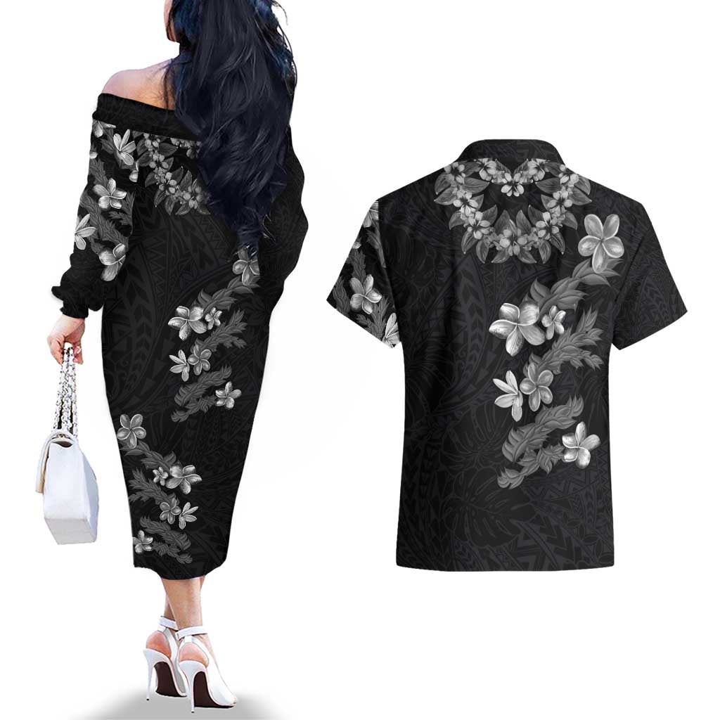 Hawaiian Lei Plumeria and Tropical Leaves Couples Matching Off The Shoulder Long Sleeve Dress and Hawaiian Shirt Watercolor Style-Grayscale LT03 - Polynesian Pride
