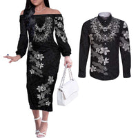 Hawaiian Lei Plumeria and Tropical Leaves Couples Matching Off The Shoulder Long Sleeve Dress and Long Sleeve Button Shirt Watercolor Style-Grayscale