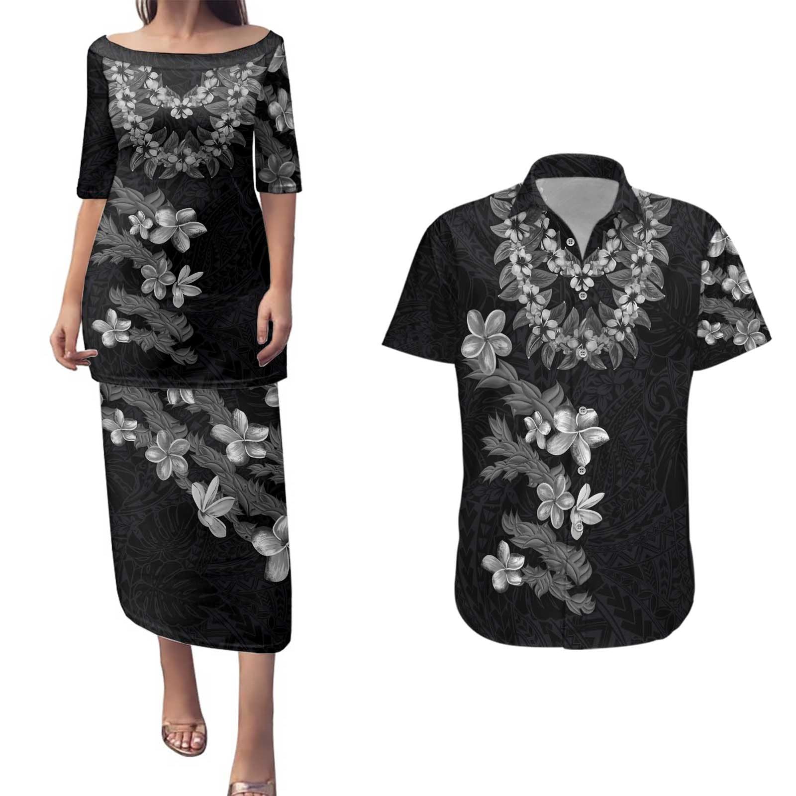 Hawaiian Lei Plumeria and Tropical Leaves Couples Matching Puletasi and Hawaiian Shirt Watercolor Style-Grayscale LT03 Black - Polynesian Pride