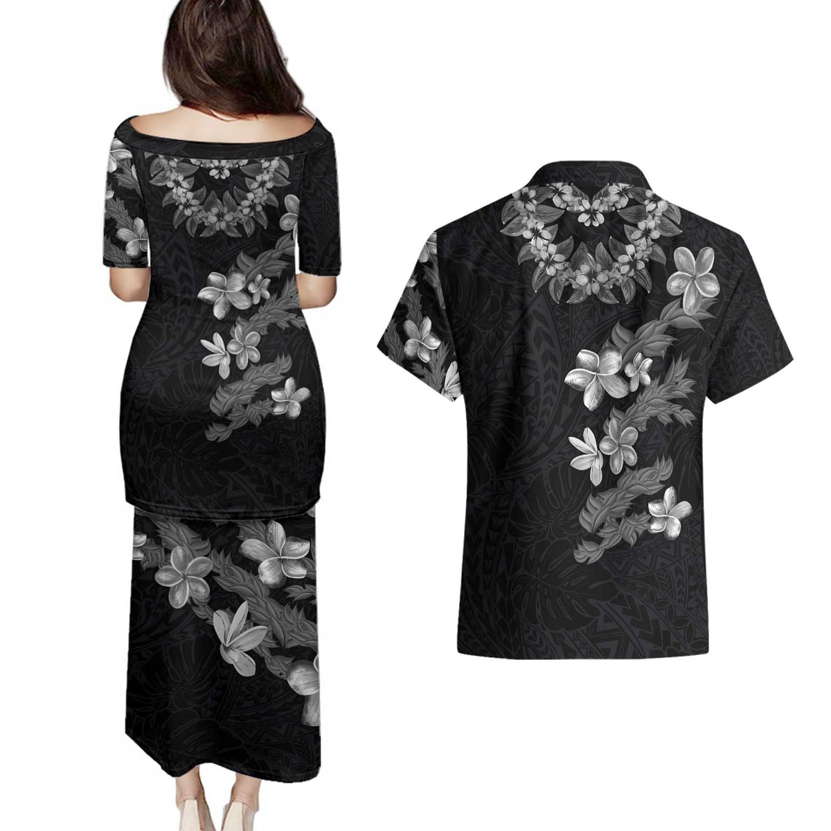 Hawaiian Lei Plumeria and Tropical Leaves Couples Matching Puletasi and Hawaiian Shirt Watercolor Style-Grayscale