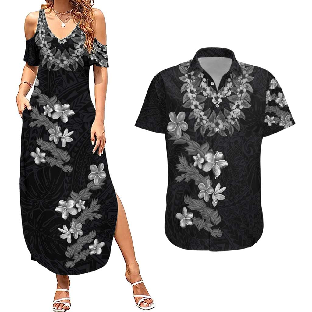Hawaiian Lei Plumeria and Tropical Leaves Couples Matching Summer Maxi Dress and Hawaiian Shirt Watercolor Style-Grayscale