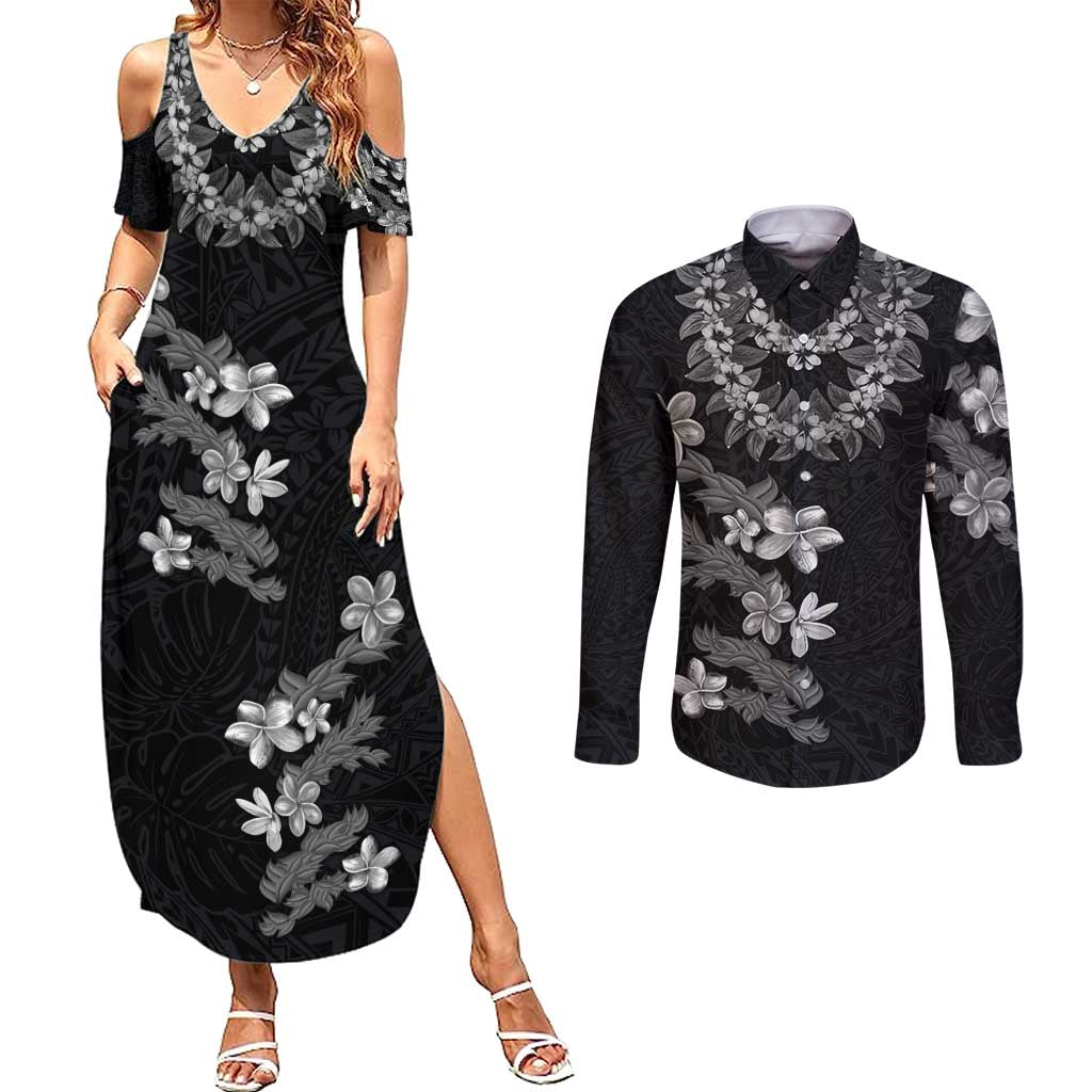 Hawaiian Lei Plumeria and Tropical Leaves Couples Matching Summer Maxi Dress and Long Sleeve Button Shirt Watercolor Style-Grayscale