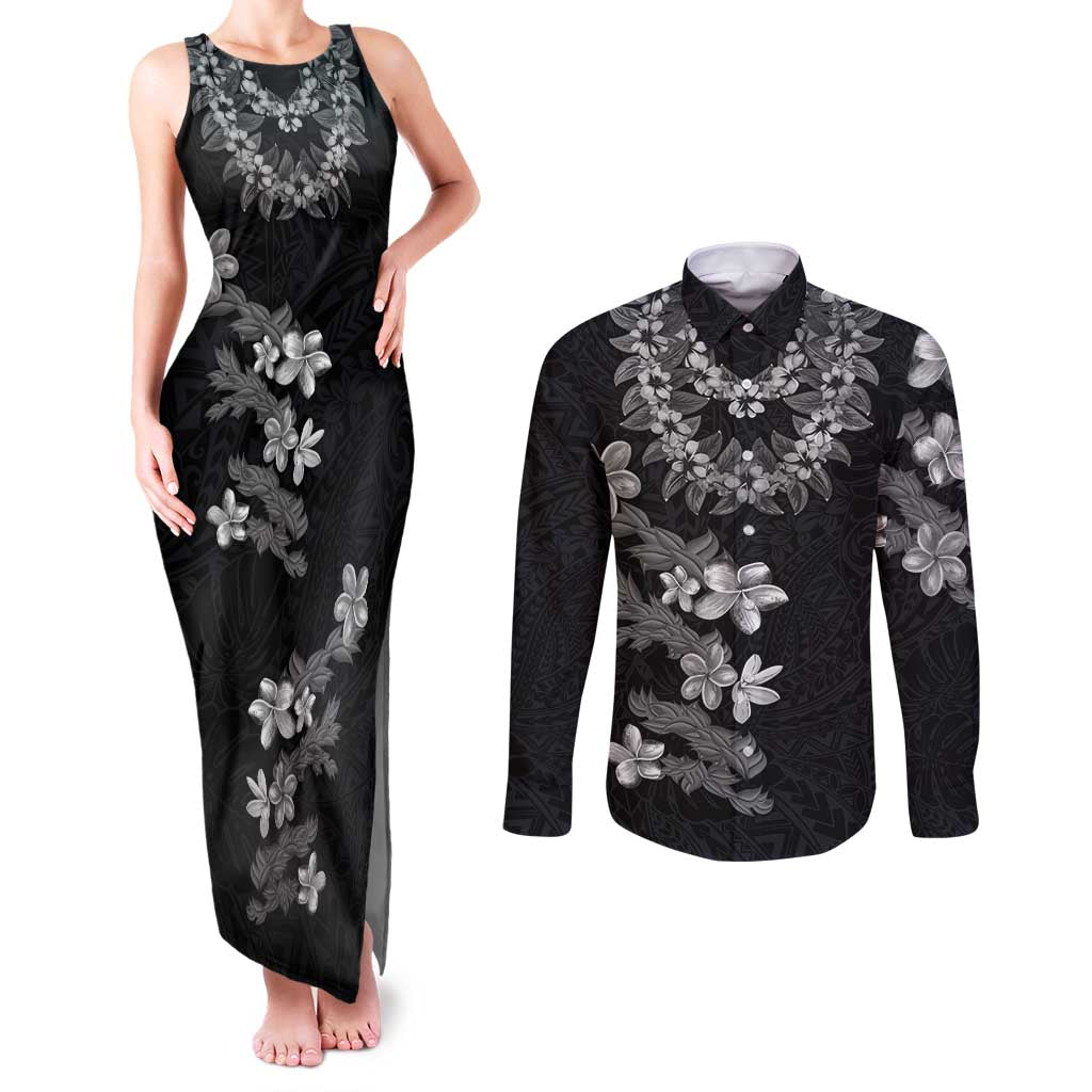 Hawaiian Lei Plumeria and Tropical Leaves Couples Matching Tank Maxi Dress and Long Sleeve Button Shirt Watercolor Style-Grayscale