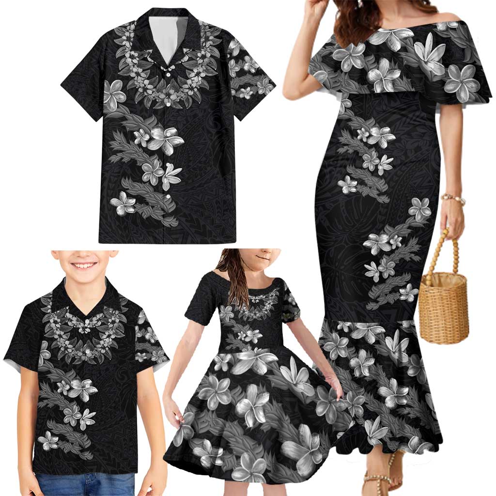 Hawaiian Lei Plumeria and Tropical Leaves Family Matching Mermaid Dress and Hawaiian Shirt Watercolor Style-Grayscale