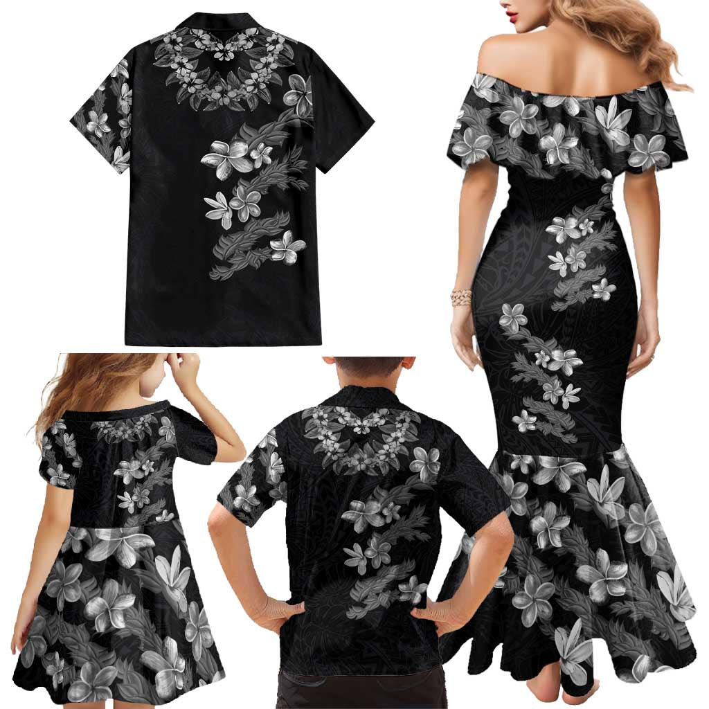 Hawaiian Lei Plumeria and Tropical Leaves Family Matching Mermaid Dress and Hawaiian Shirt Watercolor Style-Grayscale