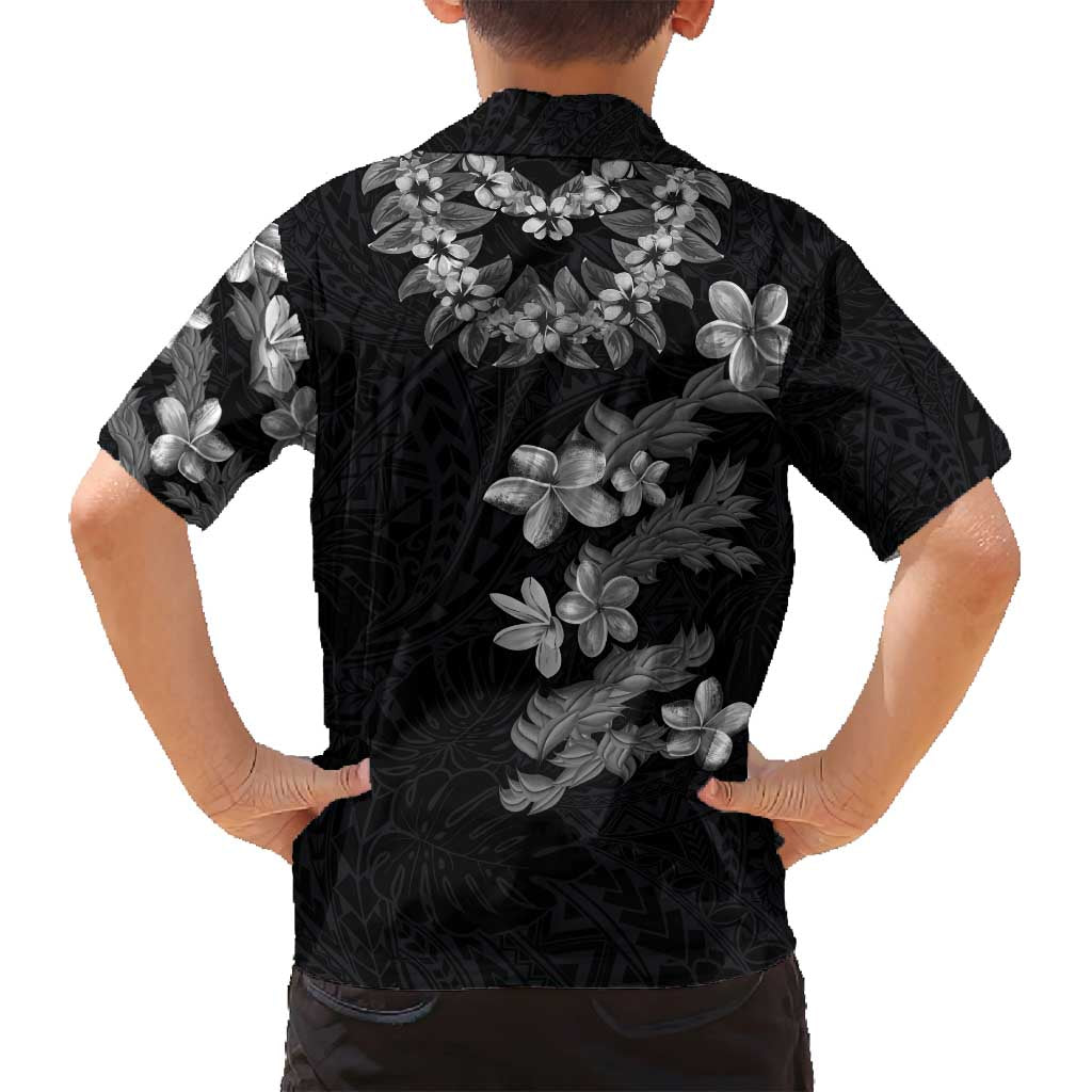 Hawaiian Lei Plumeria and Tropical Leaves Family Matching Off Shoulder Short Dress and Hawaiian Shirt Watercolor Style-Grayscale